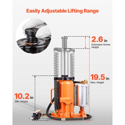 Air Hydraulic Bottle Jack 20 Ton 44092 lbs Capacity 102195 Inch