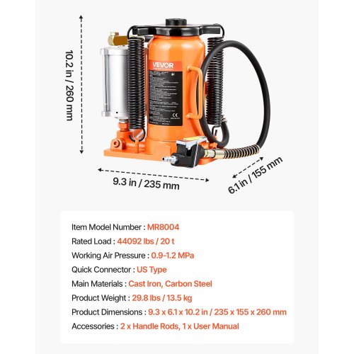 Air Hydraulic Bottle Jack 20 Ton 44092 lbs Capacity 102195 Inch