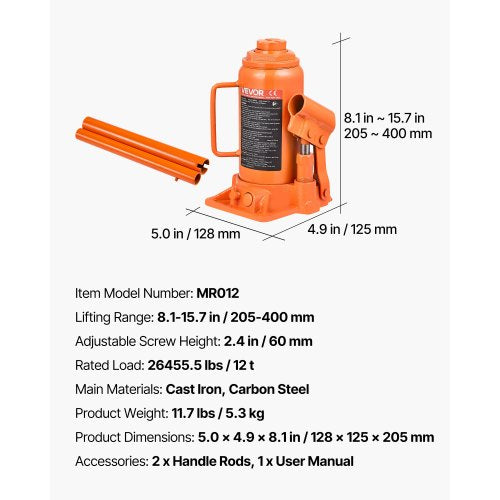 Hydraulic Bottle Jack 12 Ton 26455.5 lbs Capacity 81157 Inch Lifting