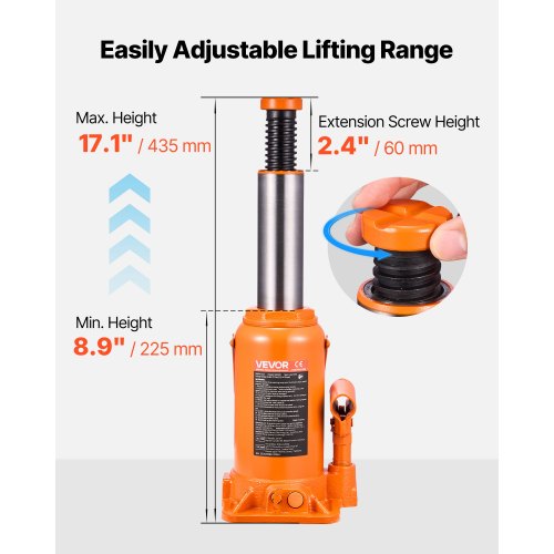 Hydraulic Bottle Jack 20 Ton 44092 lbs Capacity 89171 Inch Lifting