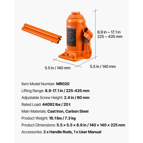 Hydraulic Bottle Jack 20 Ton 44092 lbs Capacity 89171 Inch Lifting