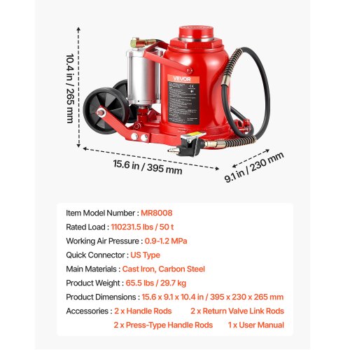 Air Hydraulic Bottle Jack 50 Ton 110231.5 lbs Capacity 104161 Inch