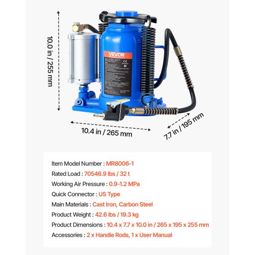 Air Hydraulic Bottle Jack 32 Ton 70546.9 lbs Capacity 10163 Inch