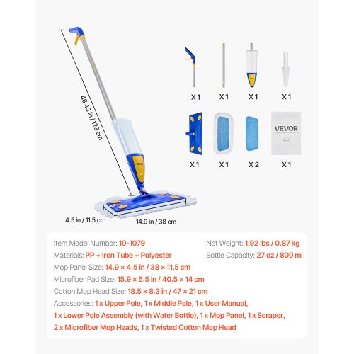 Spray Mop with 3 Washable Pads for Dry and Wet Floor Cleaning and a 27oz