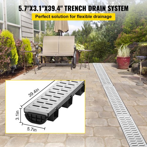 Trench Drain System Channel Drain with Metal Grate 57x31Inch HDPE
