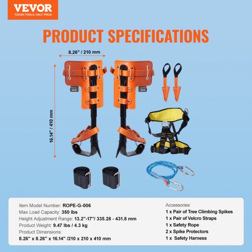 Tree Climbing Spikes Set 1 Pair Alloy Steel Climbing Spurs with Safety Rope