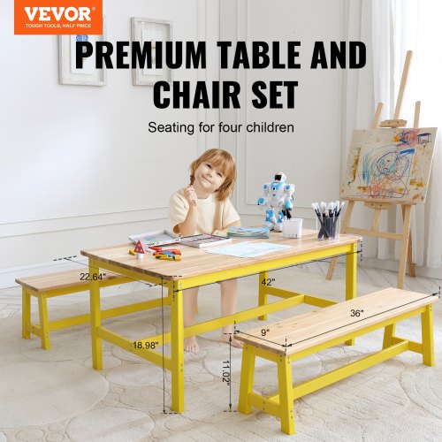 Kids Table and Bench Set Toddler Table and Chair Set of 3 Wood Activity