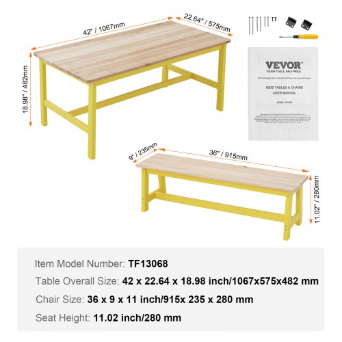 Kids Table and Bench Set Toddler Table and Chair Set of 3 Wood Activity
