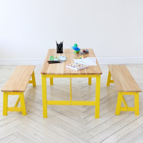 Kids Table and Bench Set Toddler Table and Chair Set of 3 Wood Activity