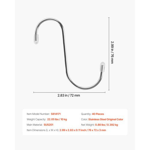 S Hooks 40 Pack 3.4 Inch Metal S Shaped Hangers of 2205 LBS Load Capacity