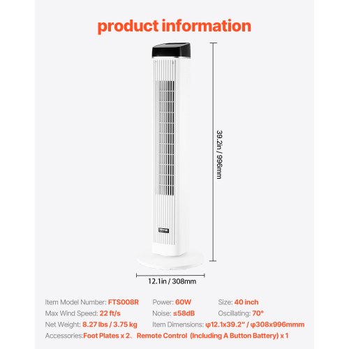 Tower Fan 22 fts Velocity Quiet Floor Fan 70° Oscillating Fans for Indoors