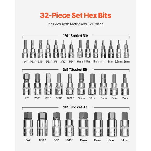 Hex Bit Socket Set 32Piece S2 Alloy Steel and CrV Steel Standard SAE