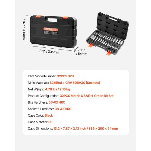 Hex Bit Socket Set 32Piece S2 Alloy Steel and CrV Steel Standard SAE