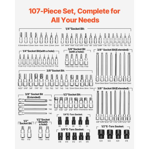 Bit Socket Set 107Piece SAE and Metric HexTorxExternal