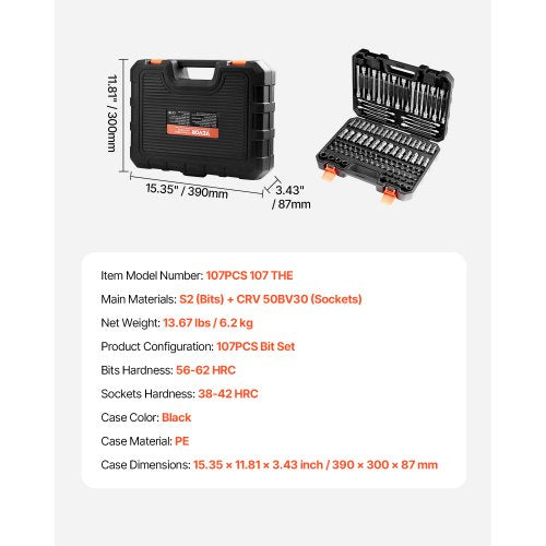Bit Socket Set 107Piece SAE and Metric HexTorxExternal