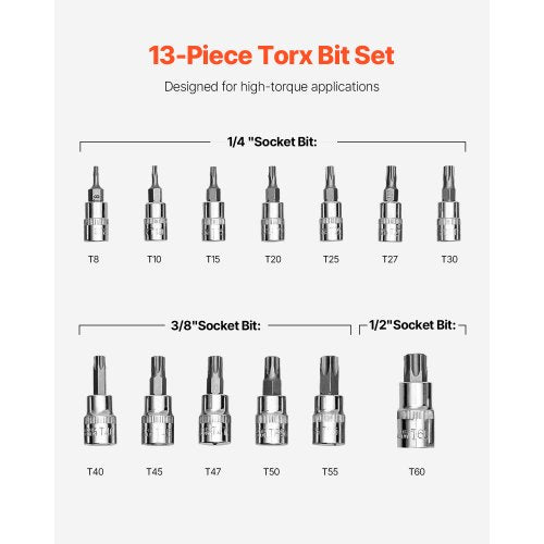 Torx Bit Socket Set 13Piece Star T8 – T60 Set S2 Alloy Steel and CrV