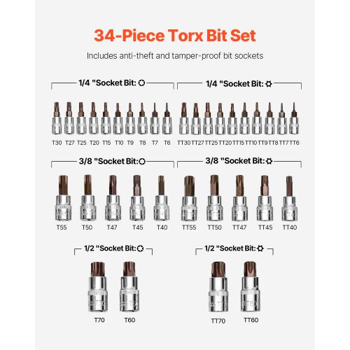 Torx Bit Socket Set 34Piece Solid Star and Tamper Proof T6T70 S2 Alloy