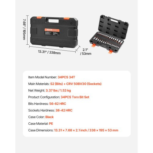 Torx Bit Socket Set 34Piece Solid Star and Tamper Proof T6T70 S2 Alloy