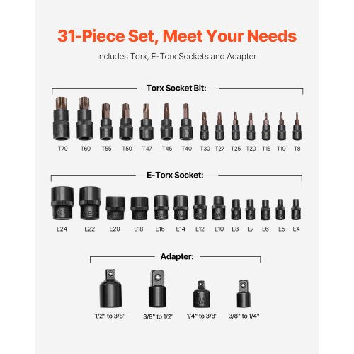 Torx Bit Socket and External Torx Socket Set 31Piece T8T70 and E4E24 S2