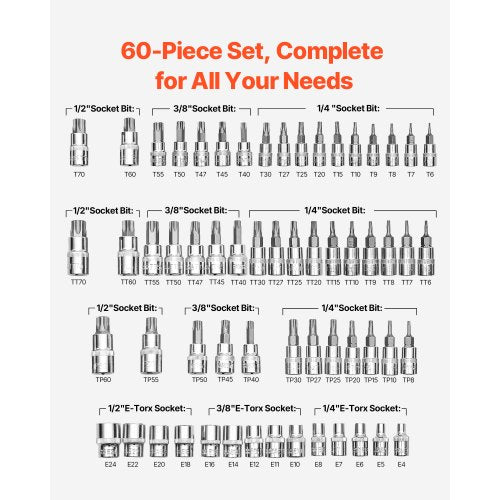 Torx Bit Socket and External Torx Socket Set 60Piece T6T70 TT6TT70