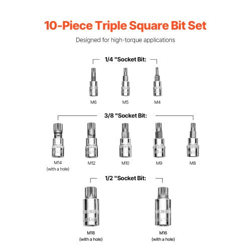 XZN Triple Square Spline Bit Socket Set 10Piece M4  M18 Premium CrV