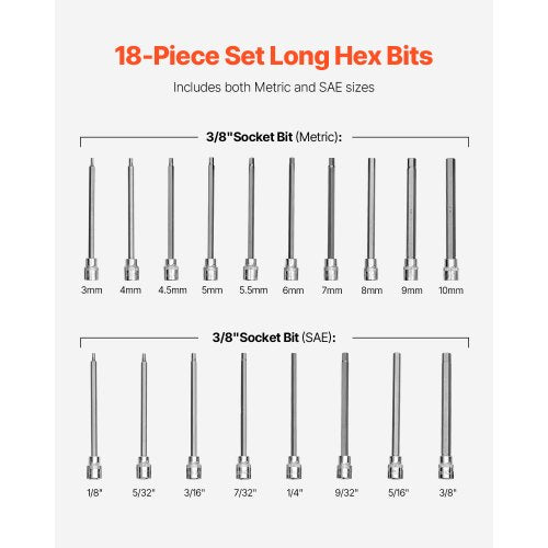 Extra Long Allen Hex Bit Socket Set 18Piece 38 inch Drive S2 Alloy Steel