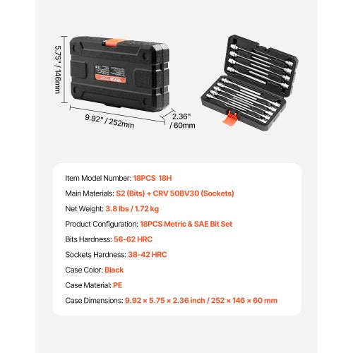 Extra Long Allen Hex Bit Socket Set 18Piece 38 inch Drive S2 Alloy Steel