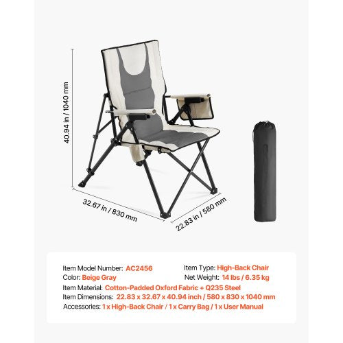 Folding Camping Chair 3 Reclining Positions Outdoor High Back Camping