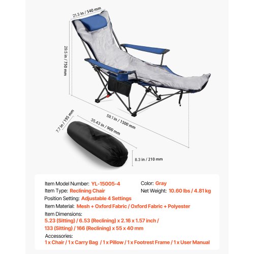 Reclining Camping Chair 4 Adjustable Positions Portable Folding Lounger