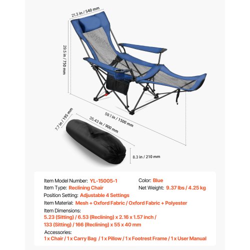 Reclining Camping Chair 4 Adjustable Positions Portable Folding Lounger 2