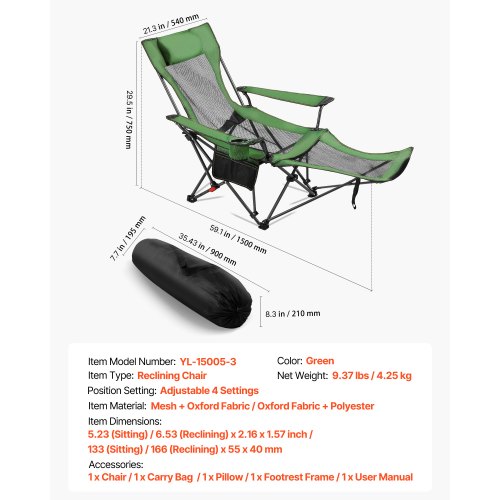 Reclining Camping Chair 4 Adjustable Positions Portable Folding Lounger 3