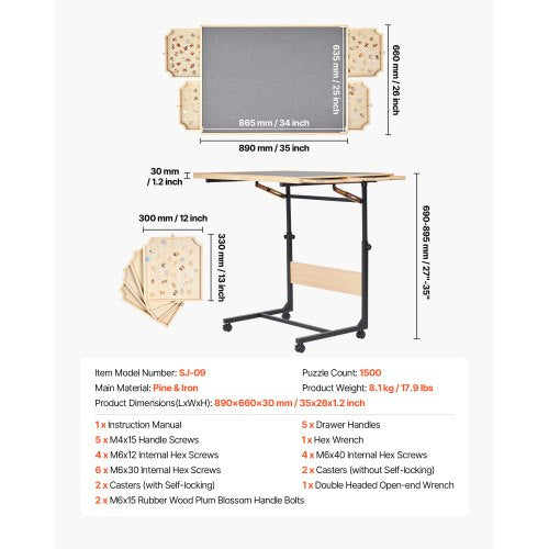 1500 Piece Puzzle Table with Legs 4 Drawers and Cover 34x25 in Portable