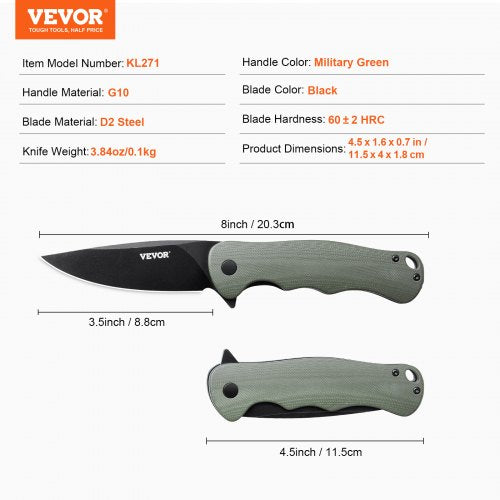 Folding Pocket Knife 35 in8.8 cm D2 Steel Blade G10 Handle Small EDC