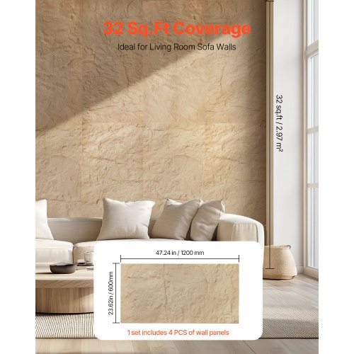 3D Wall Panels 4 Pack 48 x 24 in PU Natural Stone Imitation Wall Art Tiles