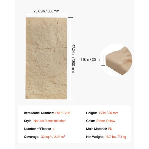 3D Wall Panels 4 Pack 48 x 24 in PU Natural Stone Imitation Wall Art Tiles