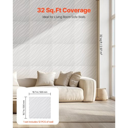 3D Wall Panels 12Pack 197 x 19.7 in PVC Modern Art Minimalist Wave Tiles