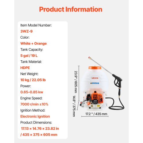 Gas Powered Backpack Sprayer 265CC9HP Engine Garden Sprayer with 5