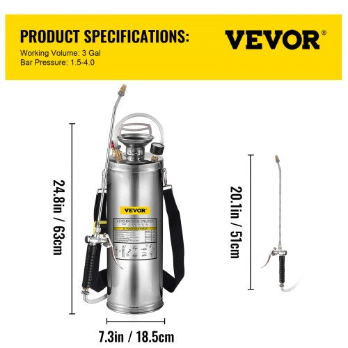 3 Gallon Stainless Steel Sprayer 20 Wand 3FT Reinforced Hose Hand Pump