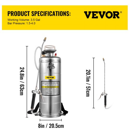 35Gal Stainless Steel Sprayerl Set with 20 Wand Handle 3FT Reinforced