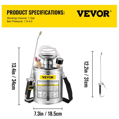 1 Gallon Stainless Steel Sprayer 12 Wand 3FT Reinforced Hose Hand Pump