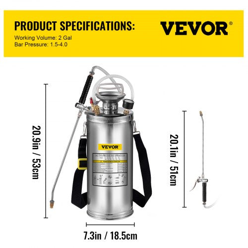 2Gal Stainless Steel Sprayer Set with 20 Wand Handle 3FT Reinforced