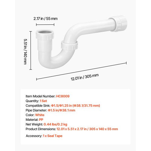PTrap 112 Inch P Trap Sink Drain Pipe Kit with Threaded Adapter and TPU