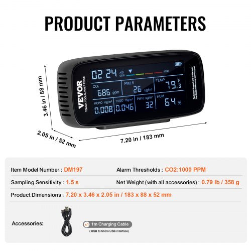 Air Quality Monitor 9IN1 CO2 Temperature Humidity Formaldehyde TVOC