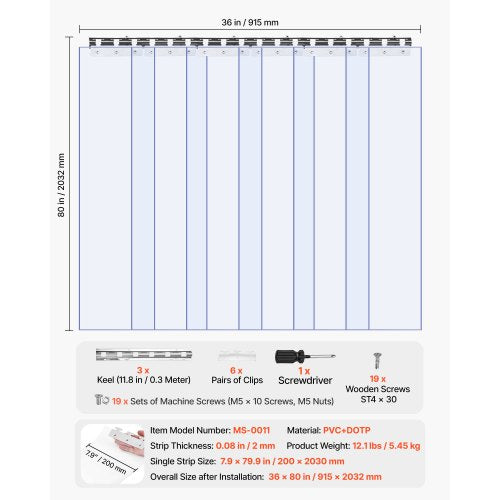 Clear PVC Strip Curtain 80 in Height x 36 in Width x08 in Thickness 6