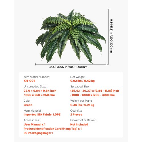 Artificial Ferns 2 Pcs Natural Spread Diameter 3539 Inch Large Hanging