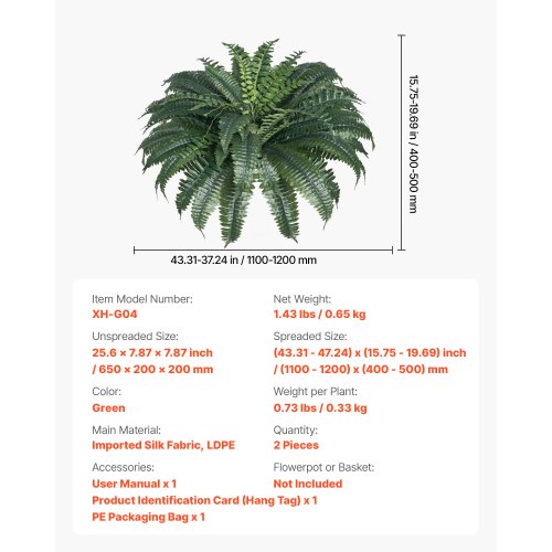 Artificial Ferns 2 Pcs Natural Spread Diameter 4347 Inch Large Hanging