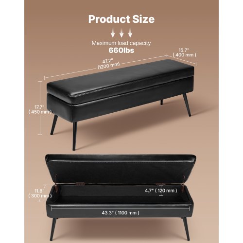Leather Storage Ottoman Bench PU Leather Bench with Storage and Metal Legs 1