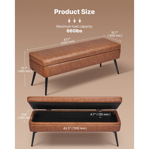 Leather Storage Ottoman Bench PU Leather Bench with Storage and Metal Legs 2