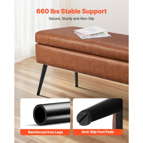 Leather Storage Ottoman Bench PU Leather Bench with Storage and Metal Legs 2
