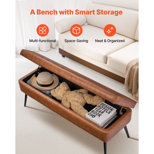Leather Storage Ottoman Bench PU Leather Bench with Storage and Metal Legs 2